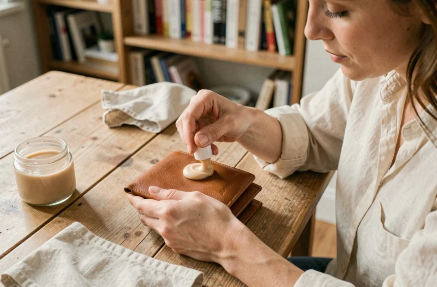 Femme appliquant une crème nourrissante sur un portefeuille en cuir caramel pour l'entretenir et le garder comme neuf