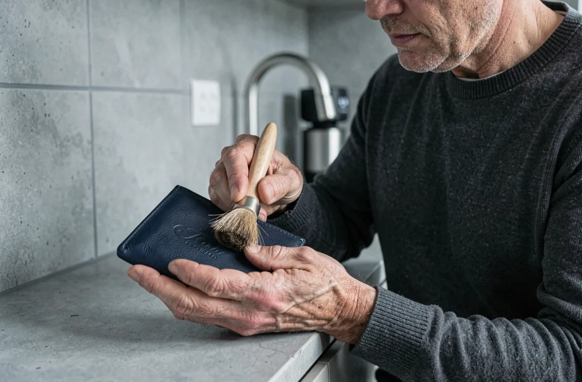 Homme entretenant un portefeuille en cuir marine avec une brosse douce dans une cuisine minimaliste moderne