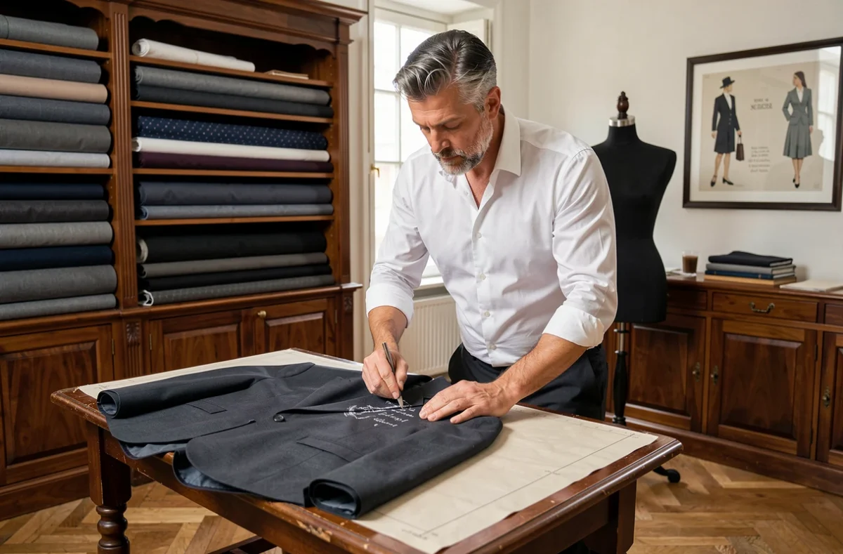 Tailleur professionnel d'Éric Éveno Couture Services marquant à la craie une veste de costume sur une grande table de coupe dans un studio de couture classique