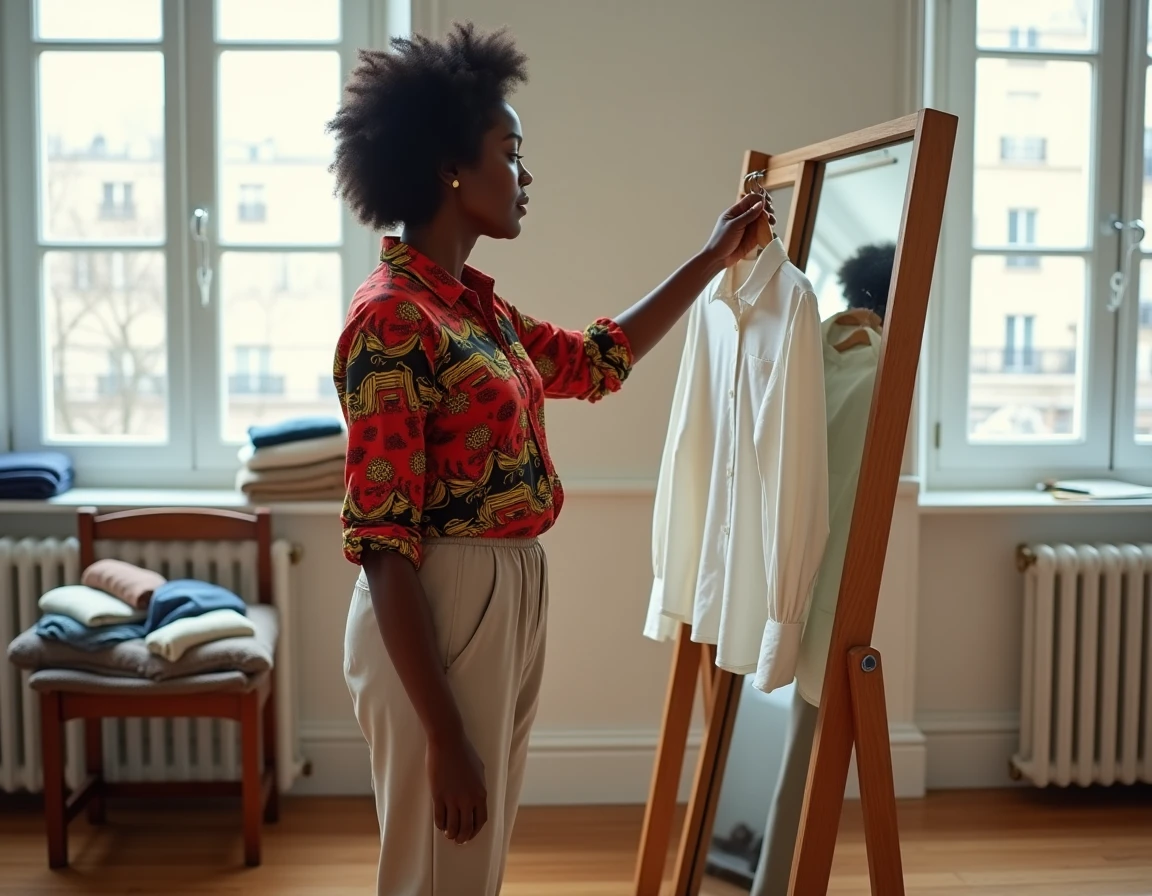 Femme comparant une chemise wax africaine colorée à un haut blanc dans un appartement parisien pour éviter les erreurs de style
