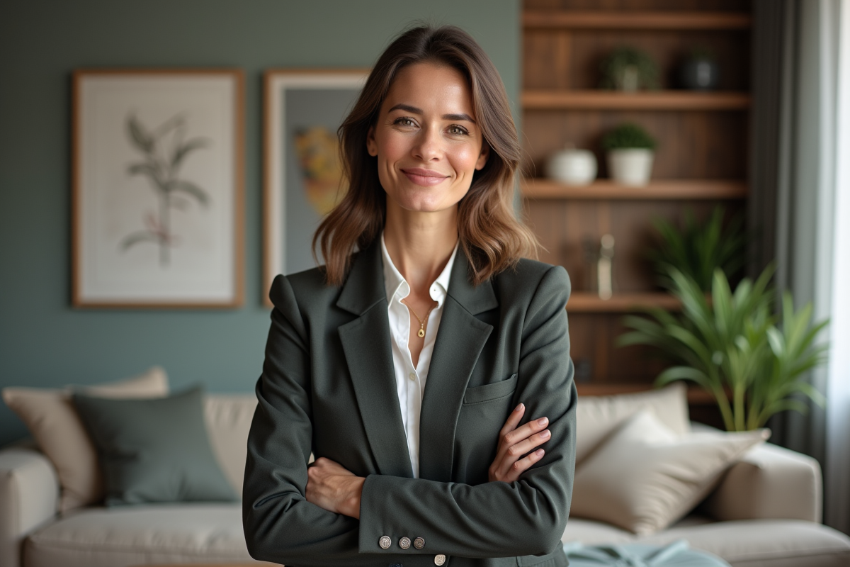 Femme confiante en intérieur moderne et chaleureux