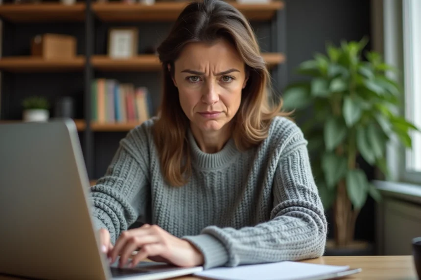 Femme inquiète lisant des avis négatifs sur son ordinateur portable, illustrant le cas d'une boutique en ligne controversée