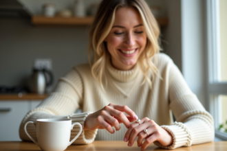 Femme souriante portant une bague en perle dans un intérieur lumineux
