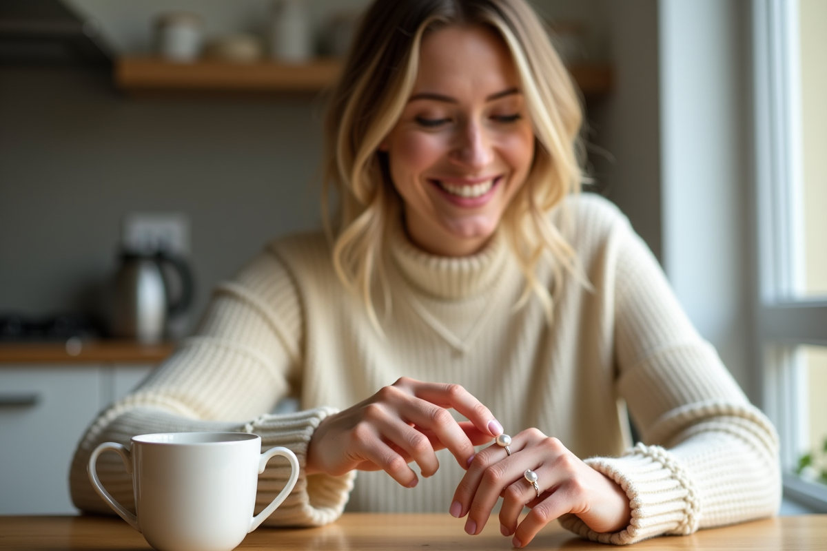 Femme souriante portant une bague en perle dans un intérieur lumineux