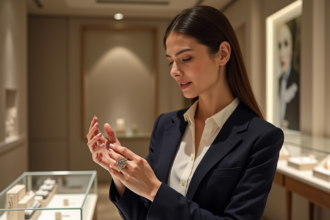 Femme élégante examinant un anneau en bijouterie haut de gamme