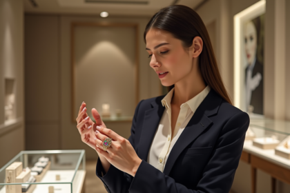 Femme élégante examinant un anneau en bijouterie haut de gamme