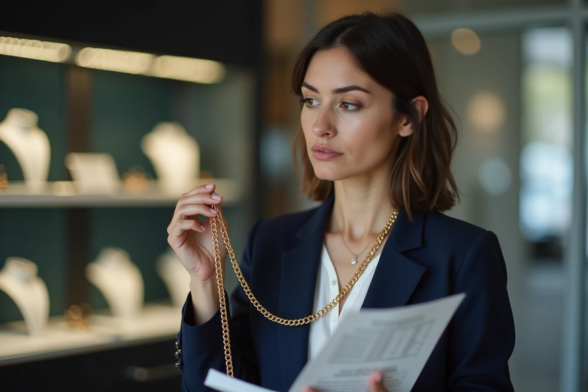 Femme examinant une chaîne en or 18 carats en bijouterie avec liste de prix, expression dubitative