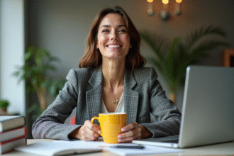 Femme élégante en blazer tenant une tasse colorée dans un bureau moderne