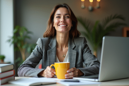 Femme élégante en blazer tenant une tasse colorée dans un bureau moderne