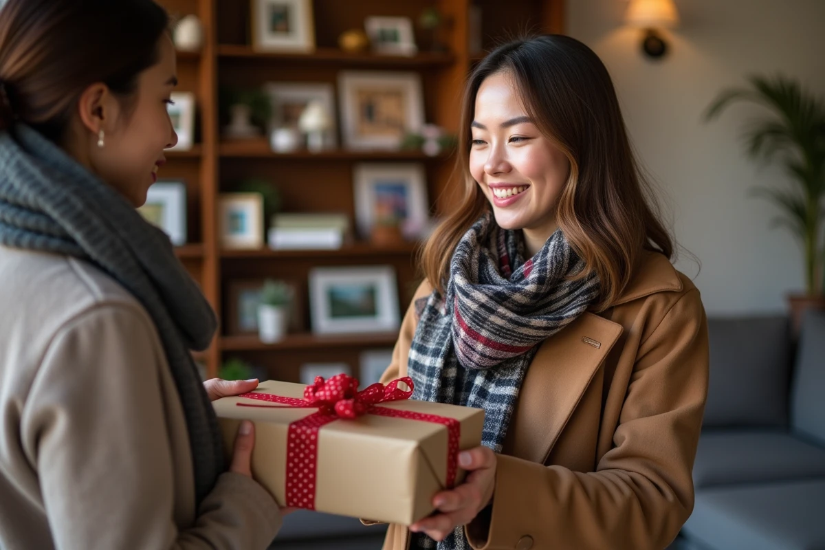 Femme souriante offrant un cadeau dans un salon chaleureux