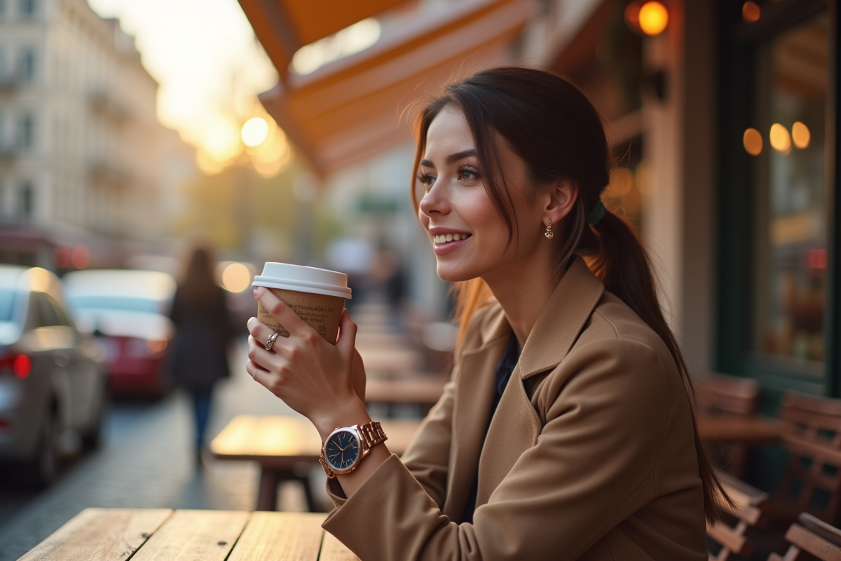 Jeune femme portant une montre au café en ville en matinée