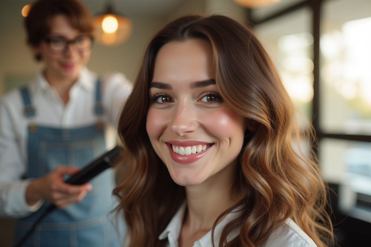 Femme souriante avec cheveux sains dans un salon moderne
