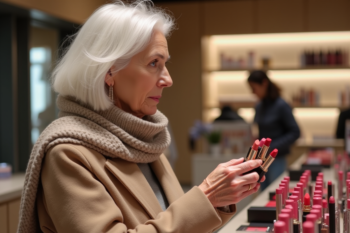 Femme âgée choisissant un rouge à lèvres en boutique