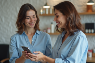 Femme discutant avec son coiffeur dans un salon moderne
