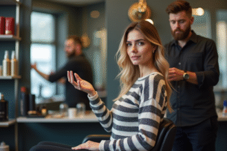 Femme déçue après sa coupe de cheveux en salon