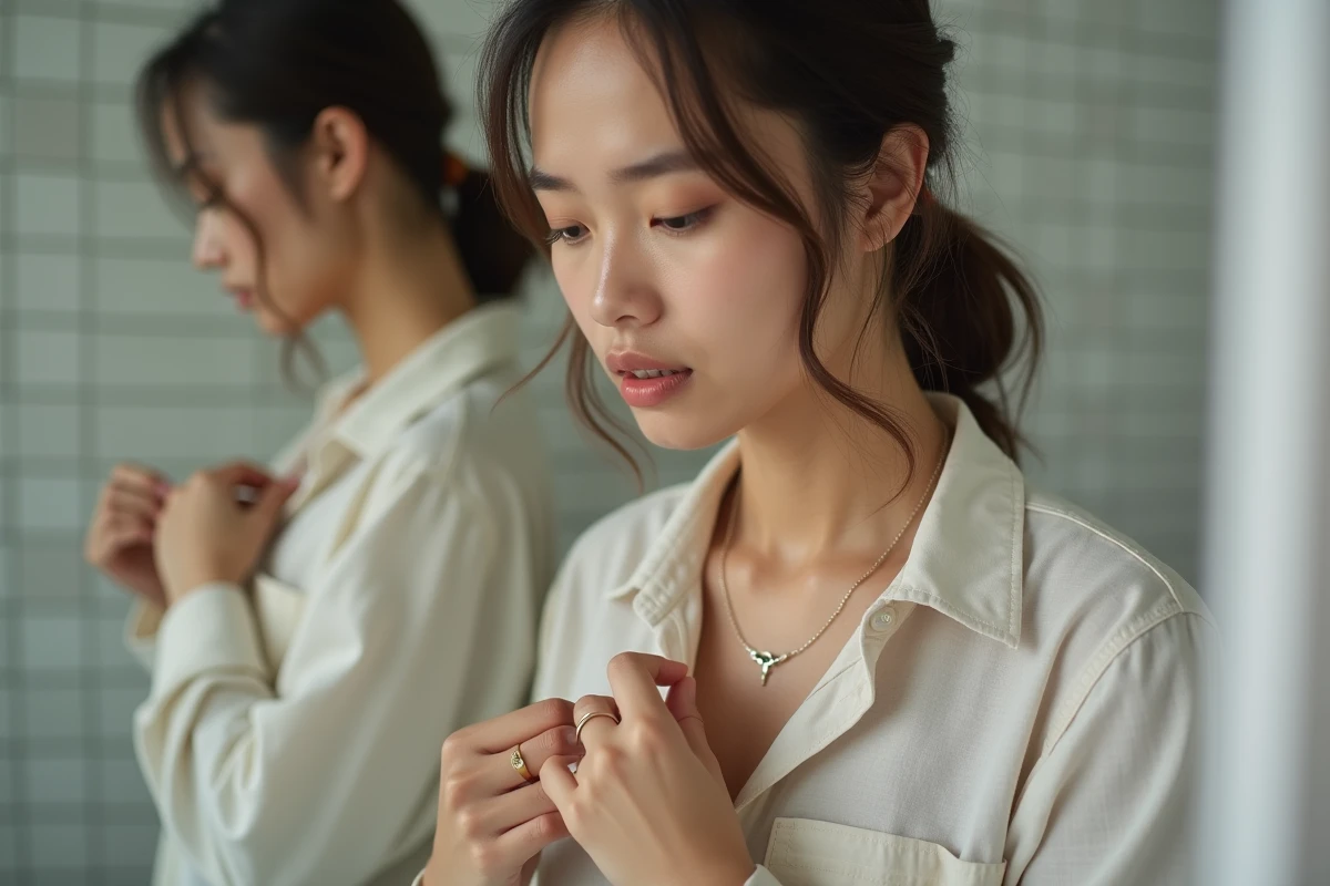 Jeune femme attachant un collier en or blanc fin devant un miroir de salle de bain au style minimaliste