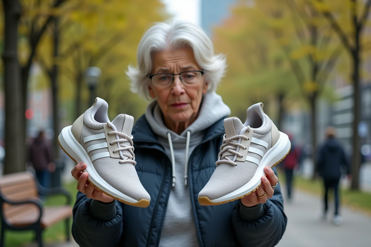 Femme compare deux sneakers dans un parc urbain