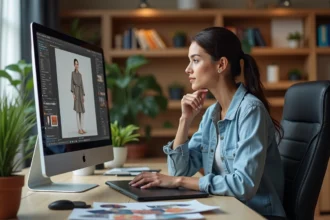 Femme confiante travaillant sur logiciel de design dans son bureau