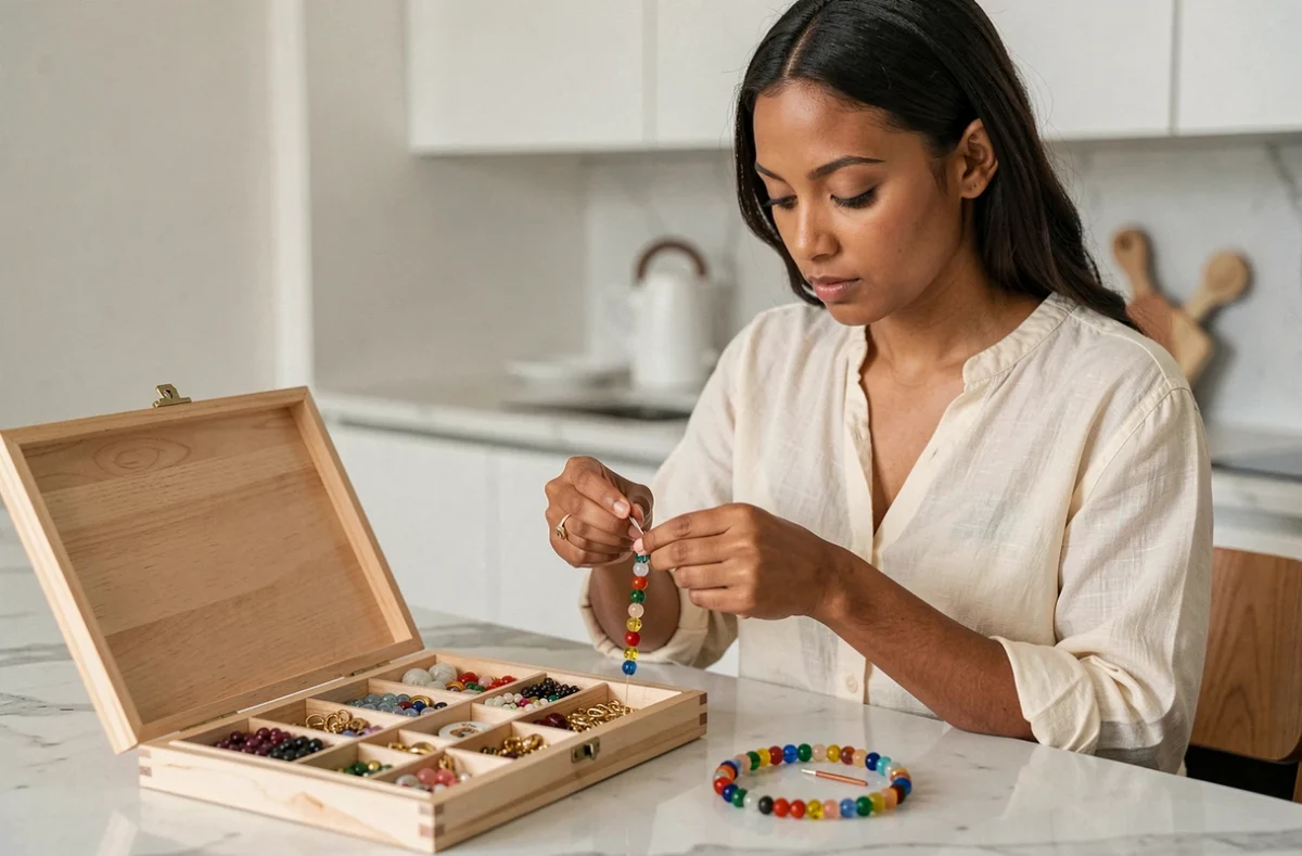 Jeune femme assemblant des perles colorées sur un fil élastique avec un coffret bracelet ouvert posé à côté sur un plan de travail en marbre