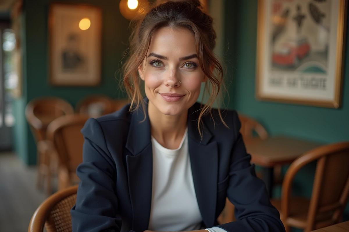 Femme française élégante assise dans un café bistrot parisien, portrait éditorial en blazer marine