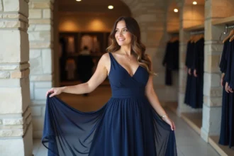 Femme confiante en robe satin et chiffon bleu marine