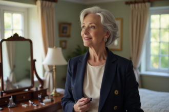 Femme élégante en train de se maquiller dans une chambre lumineuse