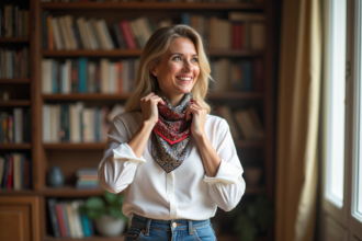 Femme élégante ajustant un foulard vintage dans un appartement parisien
