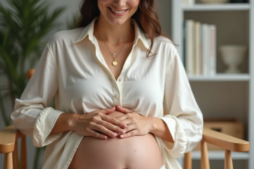 Femme enceinte tenant un bola de grossesse en or avec gravure personnalisée, assise dans un intérieur cosy