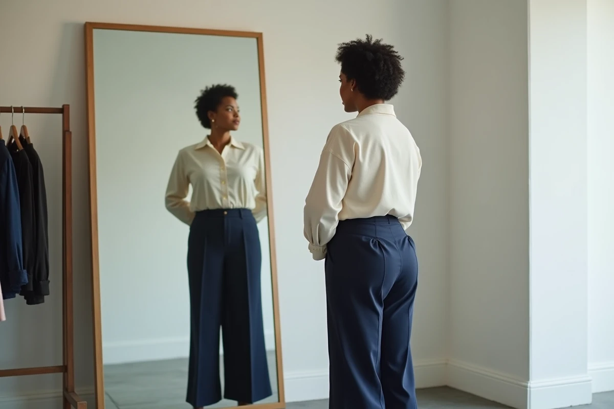 Femme grande taille devant un miroir en tailleur pantalon large taille haute, conseil silhouette en cabine d'essayage professionnelle