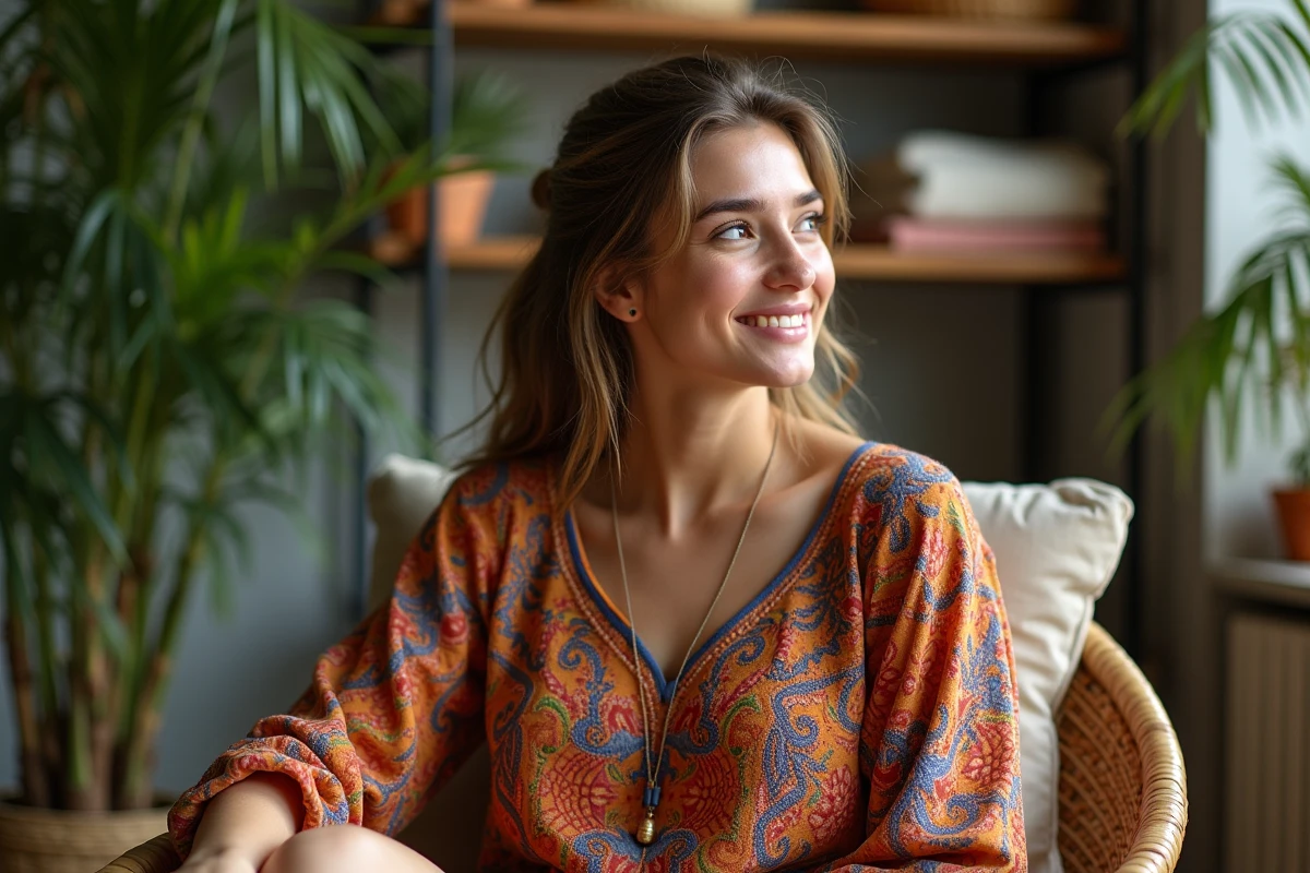 Jeune femme en robe hippie colorée dans un studio boho