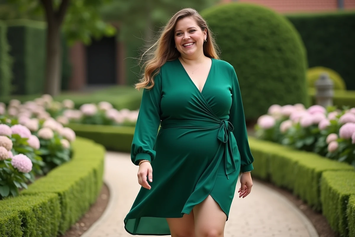 Femme souriante en robe verte dans un jardin fleuri