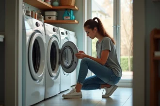 Femme lisant l'étiquette d'entretien de sneakers dans la buanderie