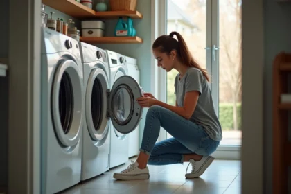 Femme lisant l'étiquette d'entretien de sneakers dans la buanderie
