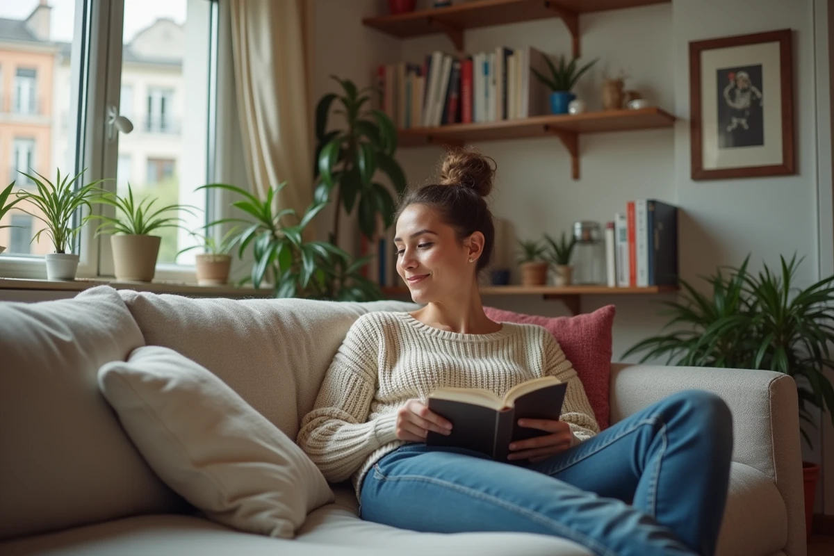 Jeune femme française lisant dans un salon cosy