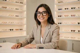 Femme aux lunettes carrées tendance 2026 adaptées à un visage ovale dans une boutique d'optique moderne