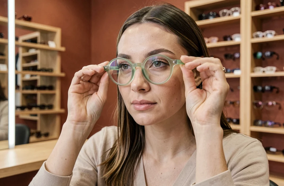 Jeune femme essayant des lunettes rondes tendance 2026 adaptées à un visage en cœur chez un opticien