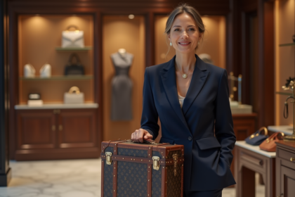Femme élégante avec une valise de luxe dans une boutique