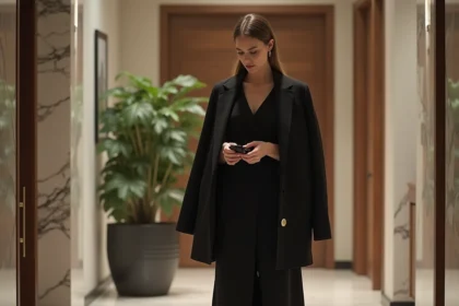 Femme élégante en robe noire dans un appartement moderne