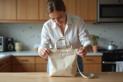 Femme mesure un sac tote beige dans une cuisine moderne