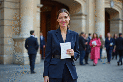Femme élégante en blazer bleu à Paris lors d un événement