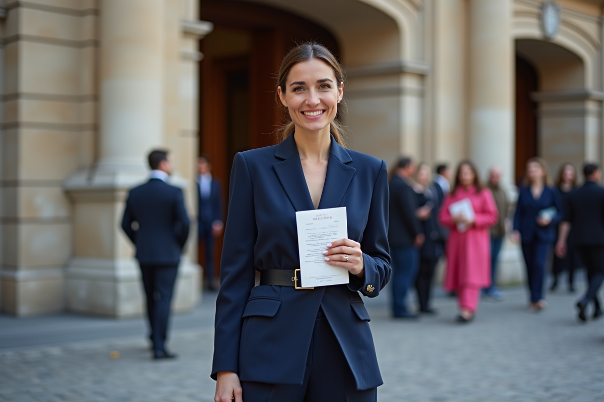 Femme élégante en blazer bleu à Paris lors d un événement