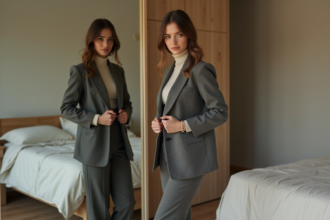 Femme élégante ajustant sa veste dans une chambre moderne