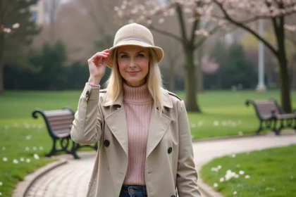 Femme en trench et bonnet dans un parc au printemps