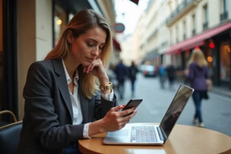 Femme française en tenue chic assise dans un café parisien