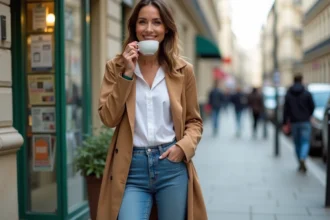 Femme élégante en jeans et trench à Paris