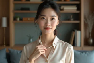 Femme asiatique élégante portant un collier de perles Akoya