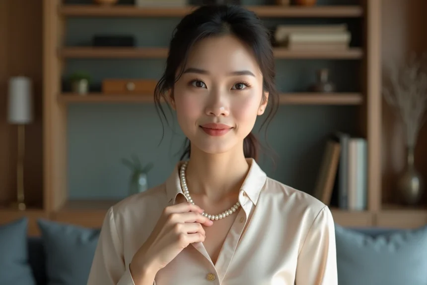 Femme asiatique élégante portant un collier de perles Akoya