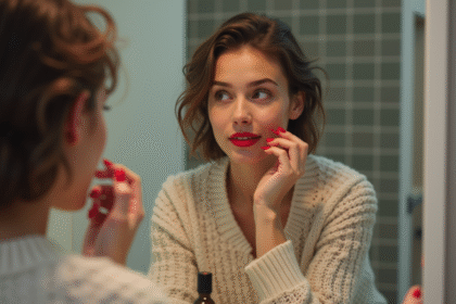 Femme appliquant rouge à lèvres dans un miroir moderne