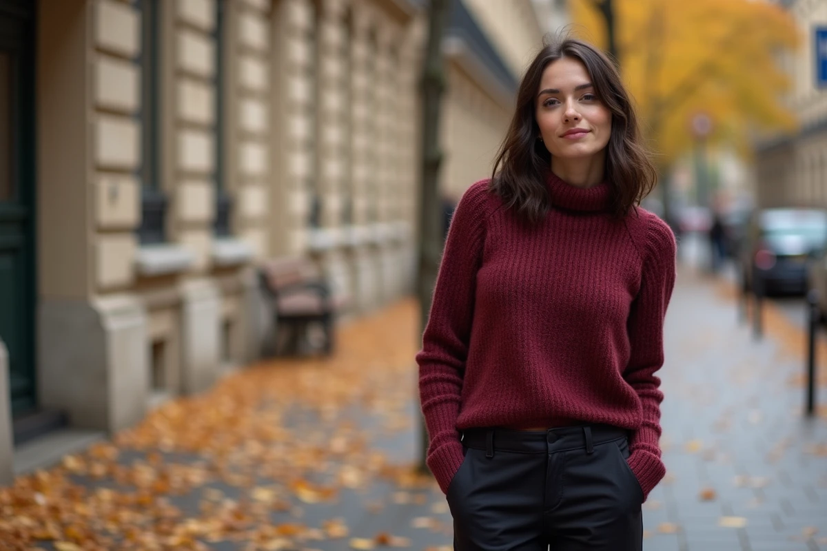 Jeune femme française en pull bordeaux dans une rue parisienne en automne, photo éditoriale plein pied