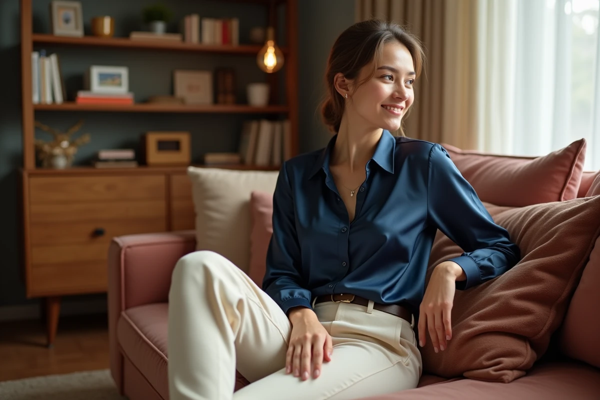 Femme en blouse en soie et pantalon dans un salon chaleureux